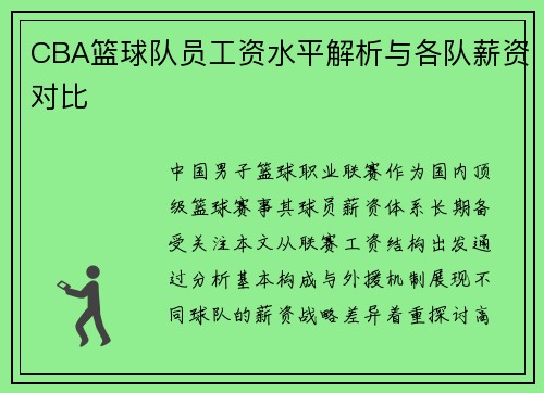 CBA篮球队员工资水平解析与各队薪资对比